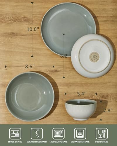 Image of 32 Piece Double Bowl Dinnerware Sets with Pasta Bowls, Highly Chip and Crack Resistant Plates and Bowls Sets, Natural Earthyware Ceramic Dishware Sets, Service for 8 Gradient Green