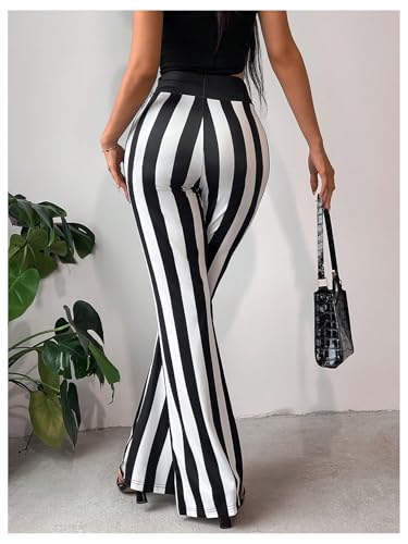 WDIRARA Women's Striped Elastic Waist Flared Pants Stretchy Bell Bottoms Trousers4