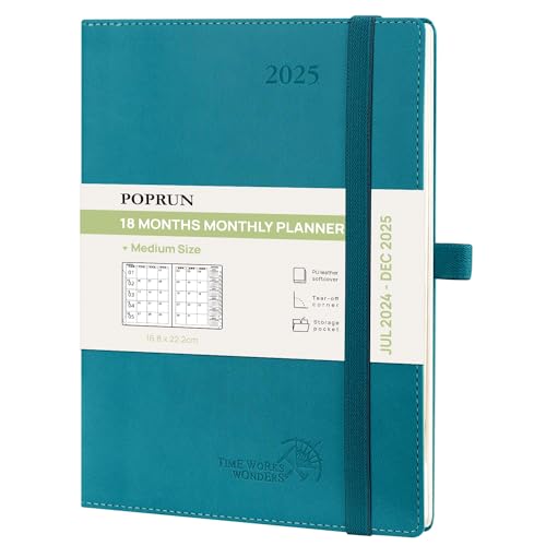 POPRUN Kalender 2025 Monatsplaner A5 (Jul.2024 - Dez.2025) - 18 Monate Monatskalender Softcover 22 x 16,5 cm - 1 Monat 4 Seiten, mit PU-Leder, 100 GSM Papier - Pazifikgrün