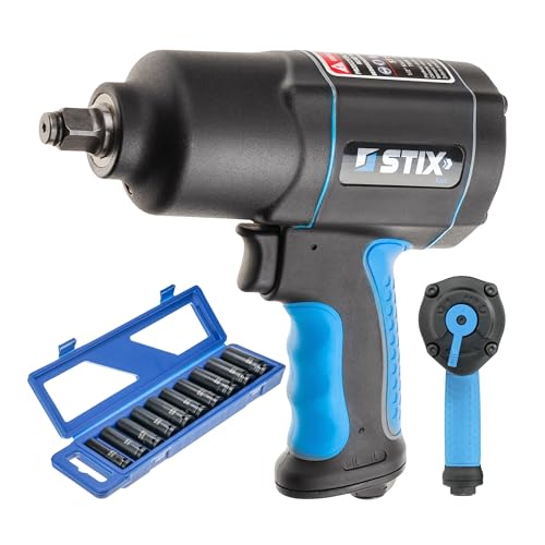 Stix STT-17 Druckluft Schlagschrauber 1700Nm 1/2" 10 langen CR-MO Stecknüssen 13 bis 26 mm im Koffer für Werkstattanwendungen (x10 CR-MO 13-26mm)