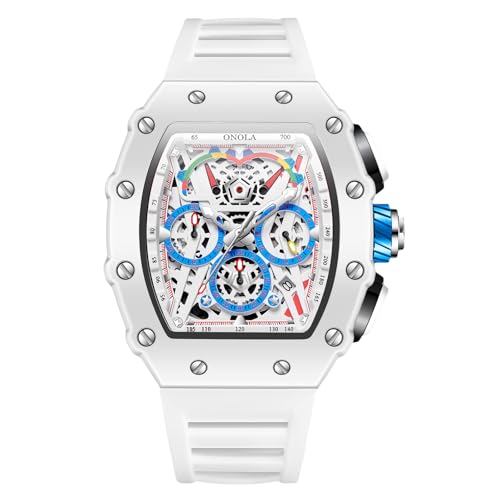 rorios Tonneau Armbanduhren für Herren Analog Quarz Uhr Silikon Sport Uhr Männer Mode Uhren Leuchtend Datum Kalender Uhren Weiß