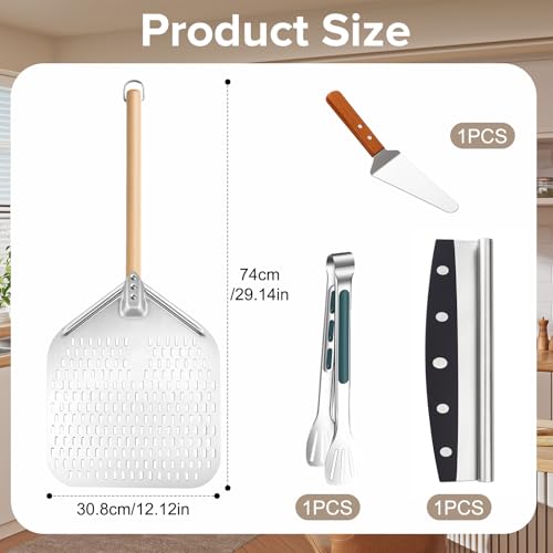 Pizza Peel Tools Set,4 PCS Pizza Making Tool Kit,Pizza Oven Accessories Set: 12 Inch Pizza Paddle,Spatula,Cutter,Food Clip,Ideal for Homemade Baking,Cookies,Cake,Bread,Pastry and BBQ - Image 5