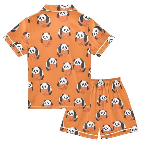 ALAZA Panda Basketball Ball Animal Satin Pajamas Set Short Sleeve Button Down Sleepwear Summer Pjs 2 Piece2