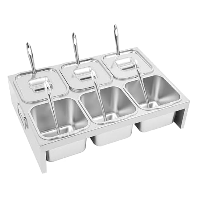 Stainless Steel Spice Rack Set, 6-Pan Pizza Topping Station with Lids & Ladles, 2-Tier Inclined Expandable Organizer Shelf Countertop Condiment Holder for Seasoning Ingredients