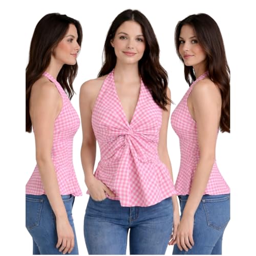 Image of Muhib Women's Halter Neck Sleeveless Cotton Top | Black & White Gingham Check Twist Front Summer Top | Stylish Casual Crop Blouse for Women