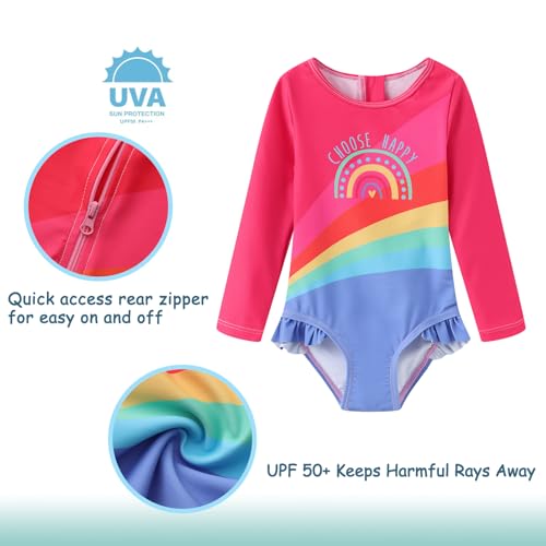 Image of Baby Girls One Piece Swimsuits Long Sleeve Rash Guard for Kids Girls UPF 50+ Sun Protection Swimshirts