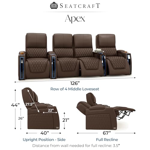 Image of Seatcraft Apex Brown Italian Leather Home Theater Seating, Zero Gravity Power Recliner Chair, Powered Headrest and Lumbar Gaming and Lounge Sofa Furniture for Cinema Room, Row of 4 Middle Loveseats