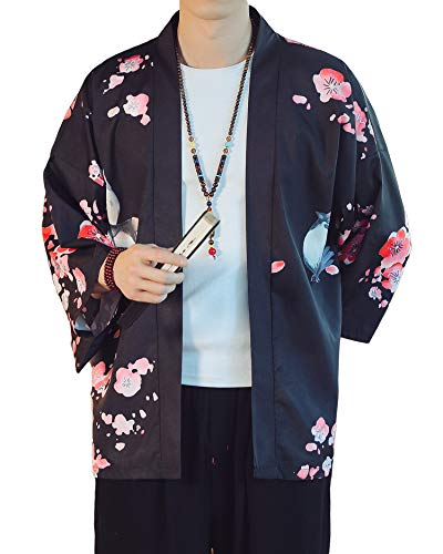 Image of PRIJOUHE Men's Lightweight Kimono Jacket Seven Sleeve Open Front Cardigan Coat Japanese Style Bathrobe