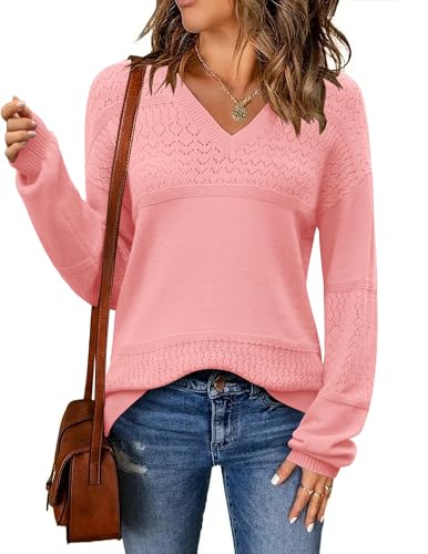 Image of Zeagoo Womens 2026 Fall Sweaters Casual Long Sleeve Ribbed Knit Pullover V Neck Lightweight Crochet Pullover Sweater Top
