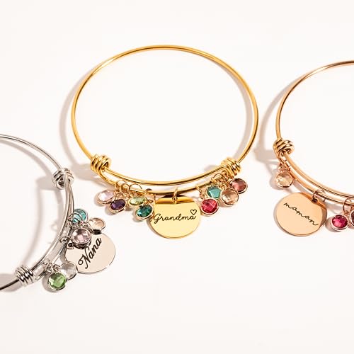 Custom Grandma Birthstone Bangle Bracelet, Personalized Children’s Birthstone Gift for Mom, Handmade Jewelry for Her, Birthday Gift for Women, Meaningful Present for Grandma – ABR-LC-MBS3
