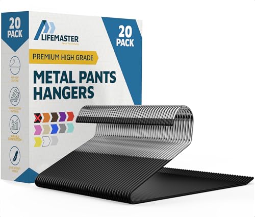 Lifemaster Metal Pants Hanger Set - 20 Pieces Elegant Non-Slip Closet Space Saving Hanger Set for Pants, Trouser, Blankets, and Jeans with Rubber Coating and Open Ended Sleek Design - Black