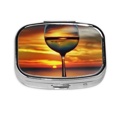 サンセットワイングラスプリントピルボックス トラベルスクエアピルオーガナイザー ポータブルピルケース ミラーと2つのコンパートメント付き