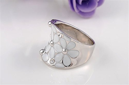 Fashion Month Womens Elegant Enamel Flower White Gold Band Bloom Petal Platinum Wedding Engagement Ring Crystal Inlay4