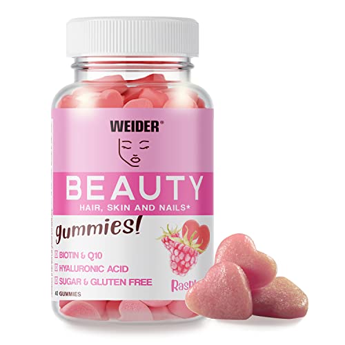 Weider - Beauty Gummies, Gominolas con Fórmula Anti-Aging y Vitamina C, Ayuda en el Cuidado de Piel, Uñas y Pelo, Sin Azúcares y Sin Gluten, Sabor a Frambuesa - Bote con 40 Gominolas