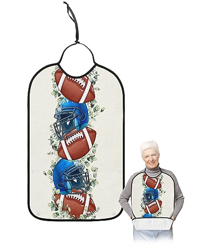 Fall Rugby Adult Bibs for Eating, Waterproof Bibs with Food Catcher & Adjustable Snap Closure, Autumn Football Eucalyptus Leaves Botanical Washable Clothing Protectors Adult Bibs for Elderly Women/Men