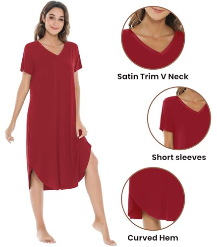 Image of NACHILA Nightgowns for Women-Viscose Made from Bamboo, V Neck Sleepshirts Short Sleeve Sleepwear Cool Nightshirt