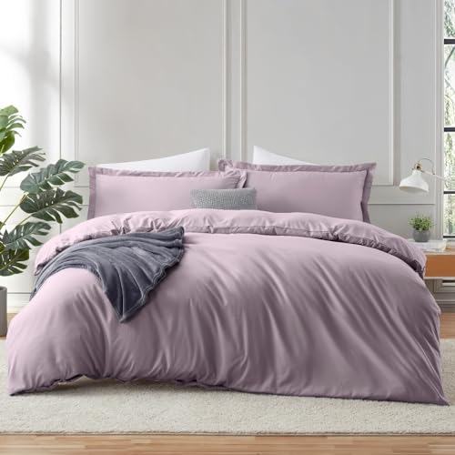 Image of Hearth & Harbor King 3Pc Microfiber Duvet Cover Set, Dusty Purple, Soft Brushed, Button Closure, 104x90 inches, 2 Shams | Soft Double Brushed Bedding Set, Button Closure, 1 Duvet Cover 104x90 Inches, 2 Pillow Shams