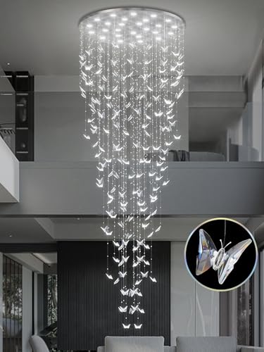 Image of ykolupty H138 High Ceiling Chandelier - Modern Crystal Lighting - Raindrop Large Chandelier for Staircase Foyer Entryway Living Room - Dimmable 3000-6000K