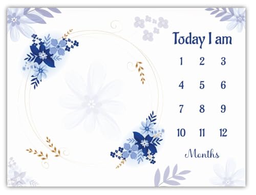 Image of Baby Monthly Milestone Blanket | 1-12 Months | Soft All-Season AC Blanket | Ideal for Newborn Boys & Girls | Perfect Growth Tracker & Photoshoot Prop with Blue Blossom | 120x90 cm