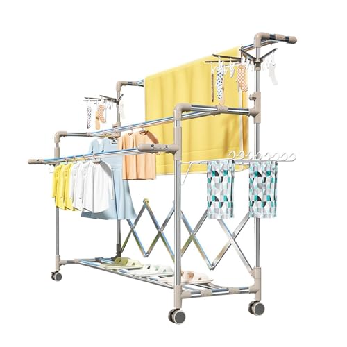 Estante de secado de acero inoxidable resistente, plegable y retráctil, para ropa, zapatos, calcetines y ropa interior, con clips para calcetines y toallero, diseño de 5 postes para ahorrar espacio