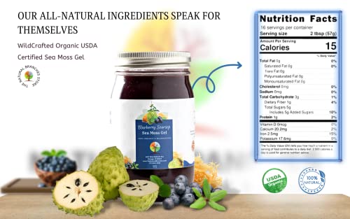 Organic Blueberry and Soursop Fruit Sea Moss Gel 16oz - Al Natural & Certified USDA Organic Seamoss Gel - Wildcrafted Saint Lucia SeaMoss gel - Proudly Made in the USA - Thumbnail 2
