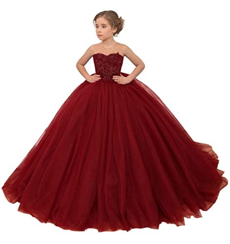 Tulle Flower Girl Dress for Wedding Lace Applique Princess Sleeveless Pageant Dresses Long Party Ball Gown