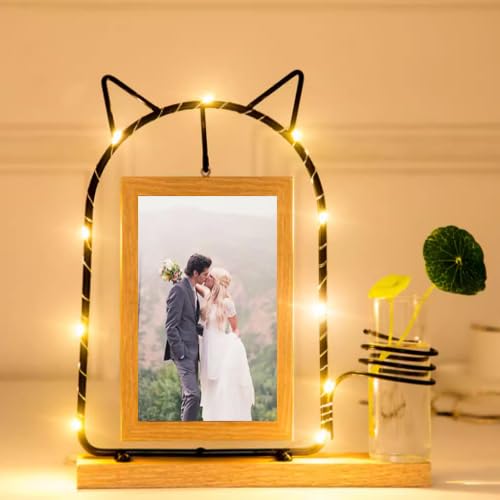 Marco de fotos personalizado giratorio con jarrón con texto grabable, decoración de mesa, fotos de boda, regalo, 6 pulgadas (gatito)
