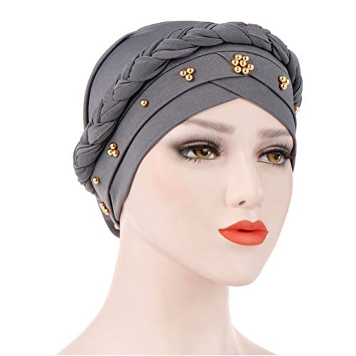 Fxhixiy Twisted Beading Braid Chemo Cancer Turbans Cap Hair Cover Wrap Turban Hats Headwear for Women Gray - Thumbnail 2