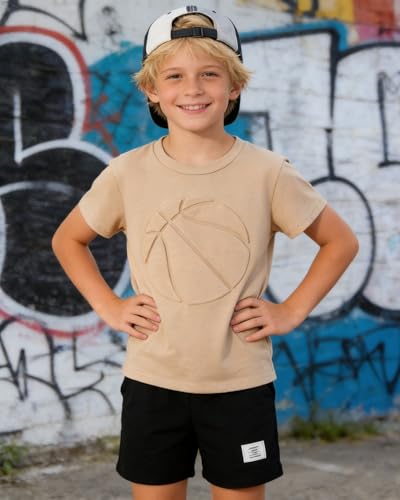 Image of Boys 2 Piece Outfits Short Sleeve Basketball Pattern T-Shirt and Shorts Summer Clothes for Kids 5-12 Years