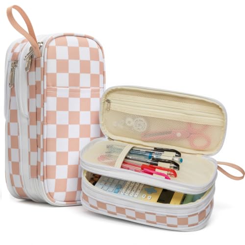Image of Cute Checkered Pencil Case for Girls Boys,Large Checkerboard Pencil Pouch with Foldable Zipper Compartment&Multi-Pockets,Big Capacity Kids Stationery Bag Aesthetic Pen Box For School Office
