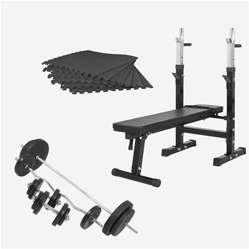 GORILLA SPORTS® Banco de pesas con juego de pesas de 100 kg, incluye 6 esterillas protectoras, bandeja y estación de inmersión, plegable, ajustable, negro/blanco, banco plano, banco de empujón,