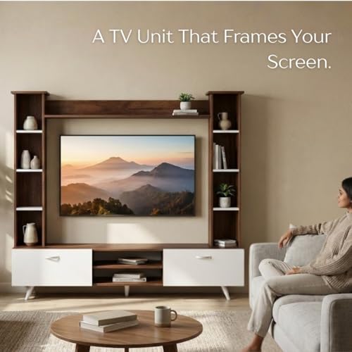 Image of BLUEWUD Pinn Modern TV Unit /TV Stand /TV Cabinet Panel /Entertainment Center with Storage & Display Shelves for Books & Decor, Living Room Fits Upto 60 Inches - (Brown Maple /White) (Pinn TV Unit)