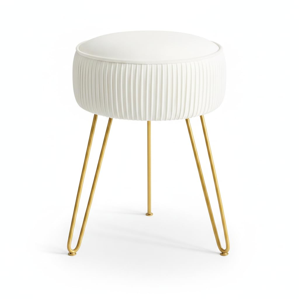 Pleated Vanity Stool with Metal Legs, Velvet Upholstered Makeup Stool Ottoman Footrest, Modern Dressing Table Chair for Living Room, Bedroom, Makeup Room & Home Décor (White)-picture-21