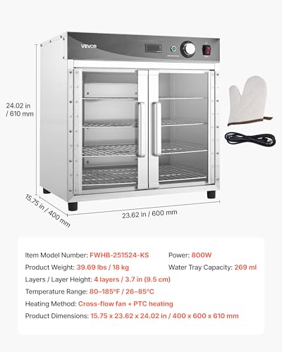 Image of VEVOR Electric Hot Box Food Warmer, 4-Tier Commercial Warming Cabinet with Water Tray, Glass Door and Adjustable Shelves, Stainless Steel Food Warmer Cabinet, for Restaurant, Kitchen, Pizza, Chicken