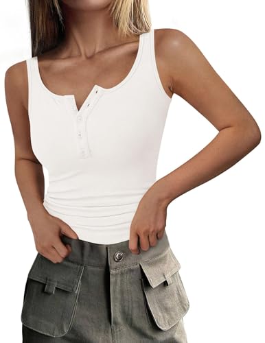 PRETTYGARDEN Womens 2025 Summer Tank Tops Ribbed Knit Slim Fit Sleeveless Henley Shirts Casual Basic Button Up Blouse