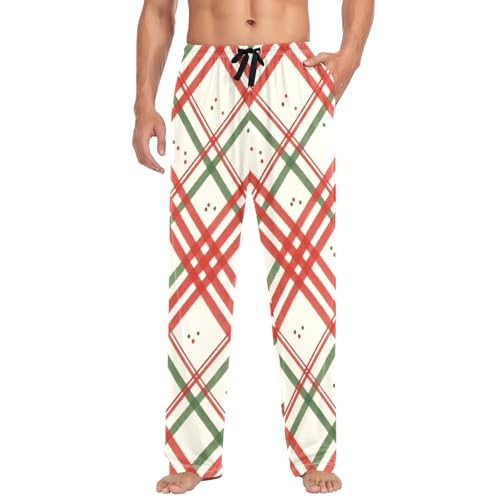 Red Green Beige Checks Men's Pajama Bottoms Plaid Pajamas Pants for Men Soft Long Lounge Woven Pj Sleep Pant with Pockets