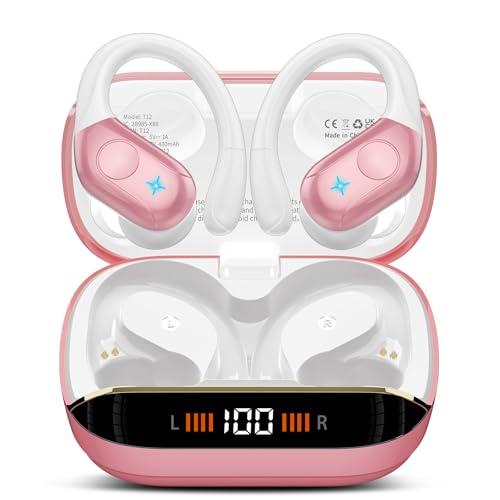 Image of Qecnato Wireless Earbuds Bluetooth 5.4 Headphones Sports, 75H Stereo Deep Bass Over Ear Buds with Earhooks, Bluetooth Earbuds with 4 ENC Mic, LED Display, IP7 Waterproof Earphone for Running, Pink