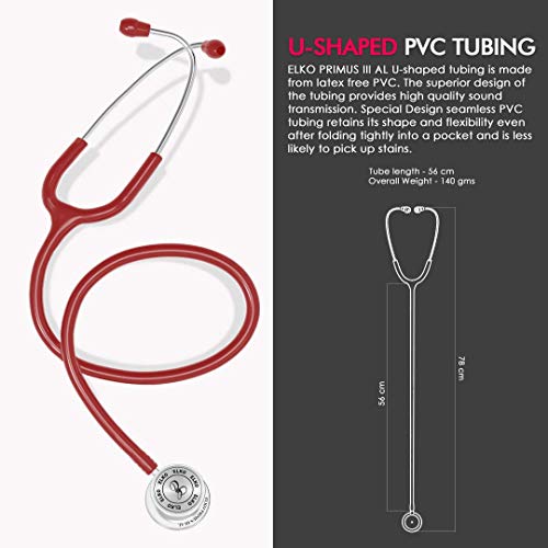 Image of ELKO EL-160 Primus III AL Aluminum Head Stethoscope For Doctors and Medical Students | Double Sided Chest Piece For Adult & Pediatric Patients | U-Shaped PVC Tubing | Soft Sealing Ear Knobs (Red)