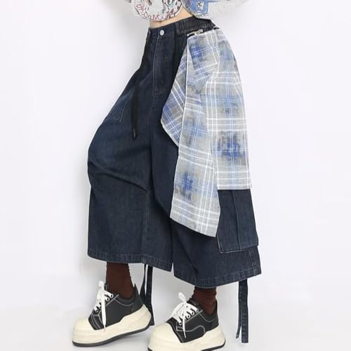 High Waisted Baggy Wide Leg Flare Jeans for Women Unisex Y2K Retro Streetwear Tartan Patch Cargo Capris Pants4