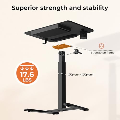 Image of Mobile Standing Desk with Drawer, 28 inch Rolling Desk with Cup Holder and Hooks, Portable Laptop Workstation on Wheels, Height Adjustable Cart with Storage for Home Office, Black