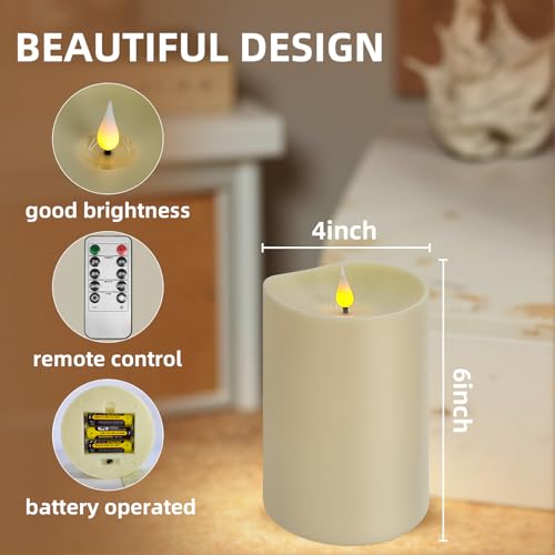 Image of Set of 2 Flameless LED Candles with 2 Remotes, 4x6 Inch Battery Powered Plastic Pillar Candles, Flickering Flame with Timer & Dimming, Ivory - Elegant, Safe Lighting for Home, Wedding, Holiday