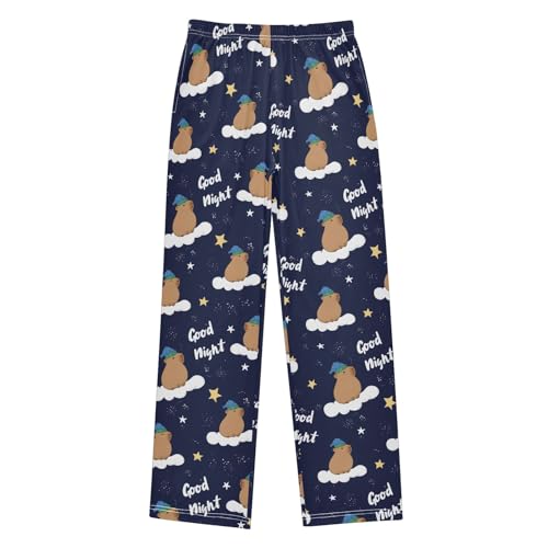Good Night Capybara Pajama Pants Lounge Sleep Pants Elastic Waist Long Pajama Bottoms with Pockets for 6-14 Years