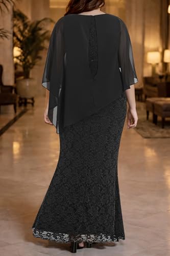 Image of Women's Plus Size Cape Dress with Chiffon Overlay Gown Formal Evening Lace Long Mermaid Dresses 2024