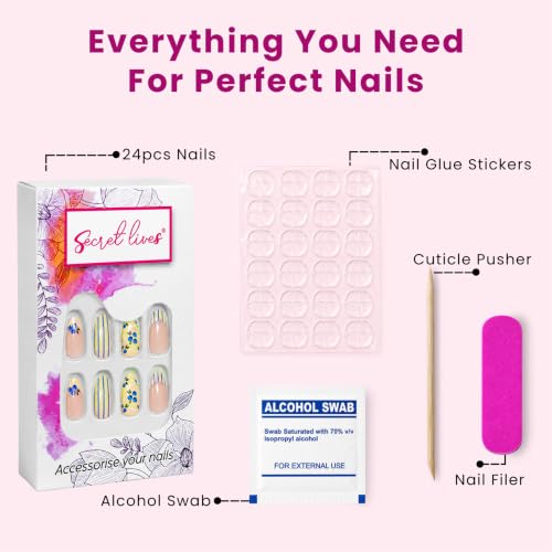 Image of Secret Lives Glossy Press-On Nails, Pink Almond Fake Nails with Blue Flower & Striped Yellow French Tip Design Artificial Nail Art, 24-Piece Set with Kit