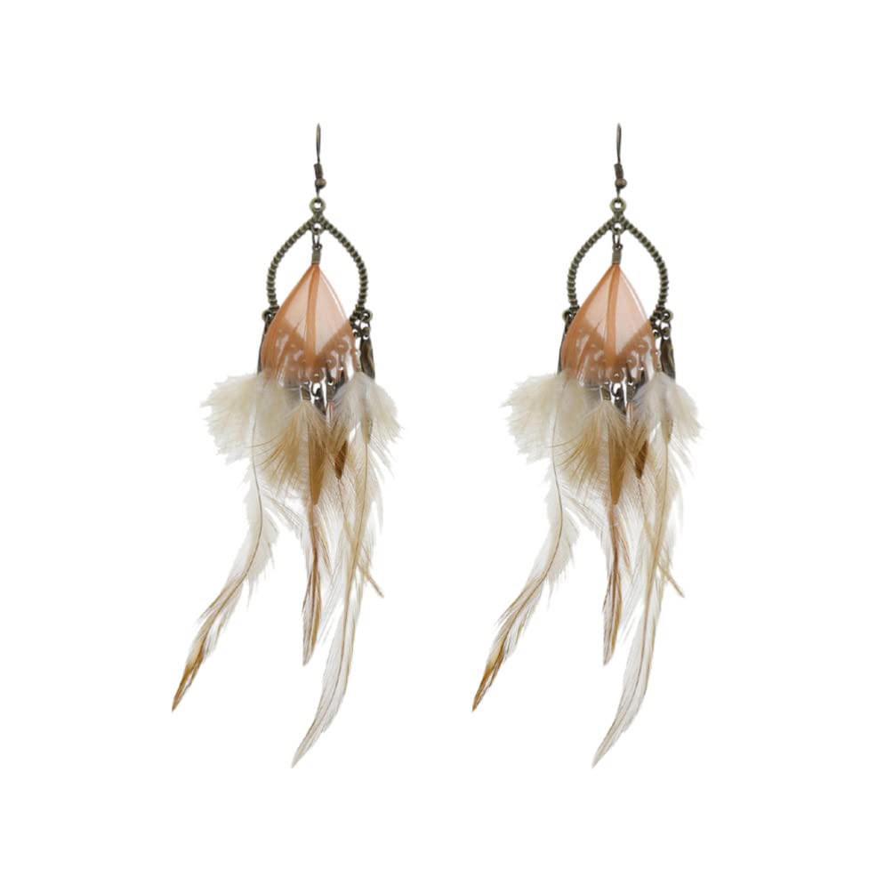 Generic 1 Pair of Long Tassel Earrings Ethnic Style Ear Drop Feather Ear Dangle Women Dangler ( Light Brown )