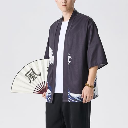 Image of PRIJOUHE Men's Japanese Kimono Cardigan Jackets Casual Long Sleeve Open Front Coat Lightweight Yukata Outwear