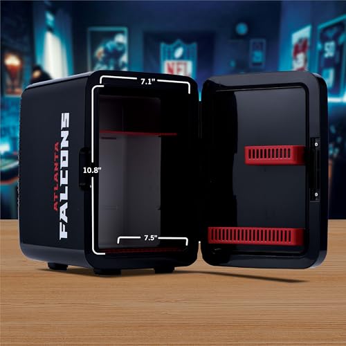 Image of Ukonic NFL Atlanta Falcons 15-Can Mini Fridge 10L - AC /DC Powered, Official Team Colors & Logo, Portable Cooler for Tailgates, Home, Office, or Car