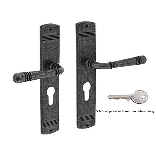 MS Beschläge Langschildgarnitur Zamak Türdrücker Antik Grau Türbeschlag Schildgarnitur Fenstergriff Modell Wolfsburg (Profilzylinder)