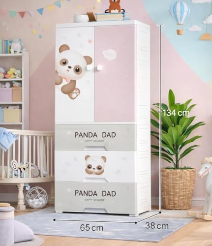 Image of YASONIC Plastic Wardrobe for Kids Clothes - Durable, Easy to Use Anti-Skid & Non-Slip Effective Professional Collapsible Wardrobe, Plastic Cupboard for Kids, Foldable Almirah (Panda, 1+3 Tier)