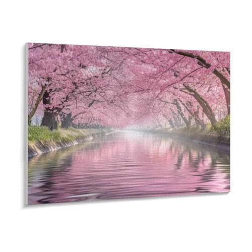 春には川沿いに咲く桜 数字キットによる絵画 数字油絵 美しい自然の風景 魅力的な花 数字キット塗り絵 手塗り DIY絵 デジタル油絵 ホーム オフィス装飾 (40×50cm, フレーム付き)